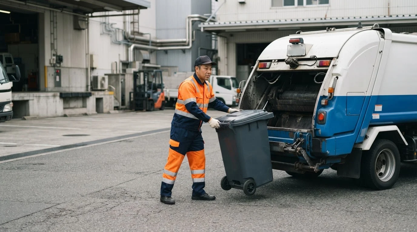 街路の収集車の後方で、安全装備を着けた作業員がごみを積み込む収集作業